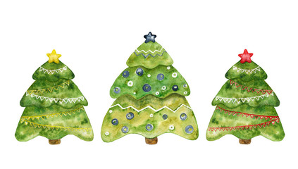 Three decorative Christmas trees. Watercolor set. - 238729804