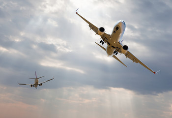 Dangerous aircraft traffic in the air with over the airport