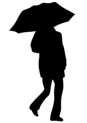 Fashionable people with umbrellas walking down the street on a white background