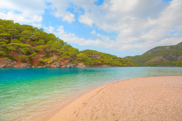 Oludeniz lagoon in sea landscape view of beach, Turkey