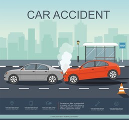 Accident with two cars on the road. Transporation Infographic. 
