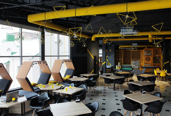 Interior industrial cement loft design concept modern cafe , restraunt. With place for children.