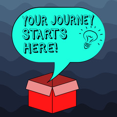 Writing note showing Your Journey Starts Here. Business photo showcasing Motivation for starting a business Inspiration Idea icon Inside Blank Halftone Speech Bubble Over an Open Carton Box