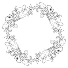 Floral wreath with black and white hand-drawn flowers and branches isolated on white background. Narcissus, mimosa, lily of the valley, willow. Round frame