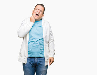 Middle age arab man wearing sweatshirt over isolated background touching mouth with hand with painful expression because of toothache or dental illness on teeth. Dentist concept.