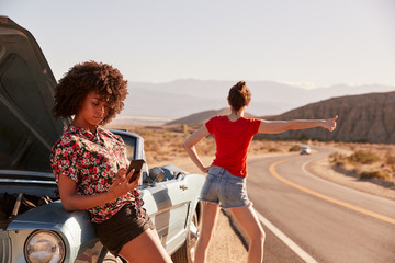 Fototapeta na wymiar Two female friends by their broken down car at the roadside