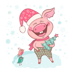 Funny cute laughing pig dressed in a hat with snowflakes