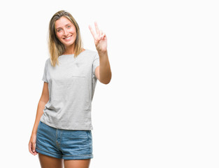 Young beautiful woman over isolated background smiling looking to the camera showing fingers doing victory sign. Number two.