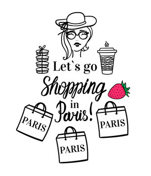 Lets go Shopping in Paris. Vector Isolated fashion illustration. Girl with coffee to go cup, shop bag, hat, macaroon.