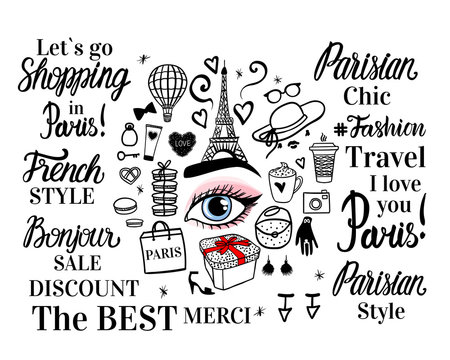 Vector set Paris Fashion Shopping. Round concept. Lettering inscription, sketch illustration, Eiffel tower, Womens accessories.