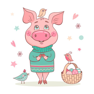 Cute smiling pig in a turquoise sweater with an ornament.
