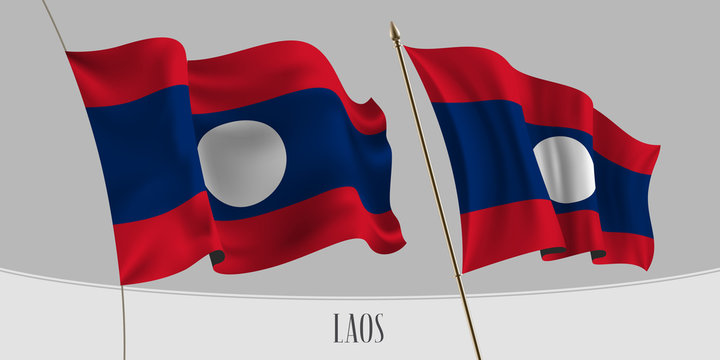Set Of Lao Waving Flag On Isolated Background Vector Illustration.