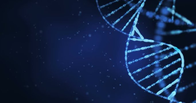 3D motion graphics of a spinning DNA molecule on a blue background (loop)