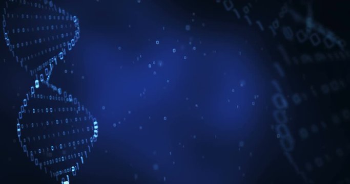 3D motion graphics of a spinning binary DNA molecule on a blue background (loop)