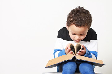 little boy reading his favourite book stock photo