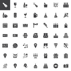 Party decoration vector icons set, modern solid symbol collection, filled style pictogram pack. Signs, logo illustration. Set includes icons as Champagne bottle, Glass, Fireworks, Mask, Invitation