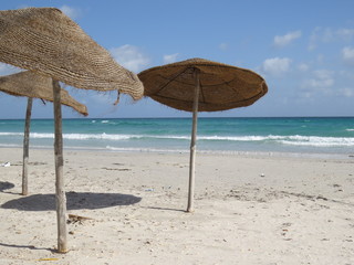 Umbrellas on the sandy beach in Tunisia.