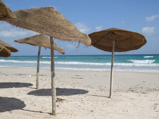 Umbrellas on the sandy beach in Tunisia.