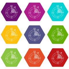 Stopwatch icons 9 set coloful isolated on white for web