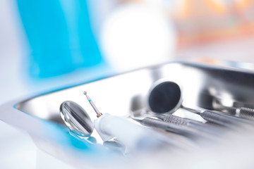 Dentist, Dental tools on a white background, Teeth and jaw.