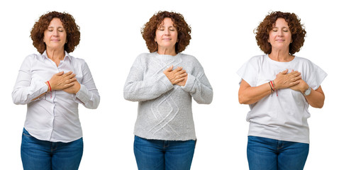 Collage of middle age senior business woman wearing white t-shirt over white isolated background smiling with hands on chest with closed eyes and grateful gesture on face. Health concept.