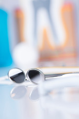 Dentist, Dental tools on a white background, Teeth and jaw.