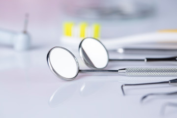 Dentist, Dental tools on a white background, Teeth and jaw.