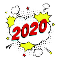 2020 happy new year christmas comic pop art speech bubble vector illustration. Colorful pop art style sound effect. Halftone, vintage comic sound effects isolated on white background.