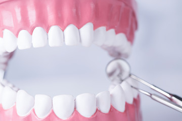 Dentist, Dental tools on a white background, Teeth and jaw.