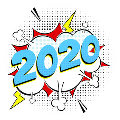 2020 happy new year christmas comic pop art speech bubble vector illustration. Colorful pop art style sound effect. Halftone, vintage comic sound effects isolated on white background.