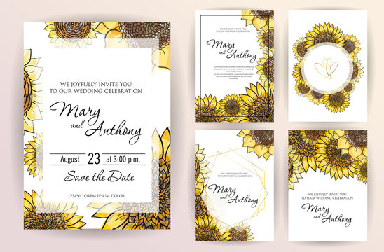 Set of wedding invitation card flowers Sunflower. A5 wedding invitation design template on white background. vector Hand drawn colorful marker illustration.Doodle sketch line on white background frame