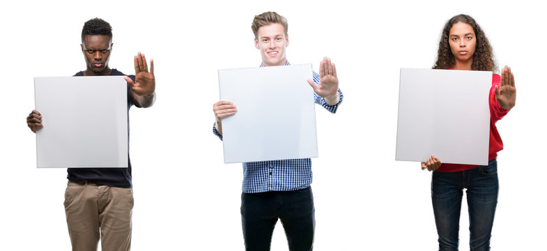 Composition Of Young People Holding Blank Banner Over Isolated Background With Open Hand Doing Stop Sign With Serious And Confident Expression, Defense Gesture