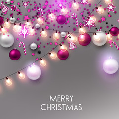 Merry Christmas  greeting vector illustration with golden bulbs and text