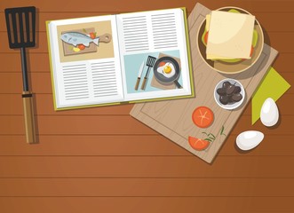 Recipe book, sandwich, egg, Vegetables with spinach, Top view.  