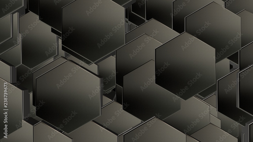 Poster 3d illustration of abstract futuristic background from many different hexagons, honeycomb made of ir
