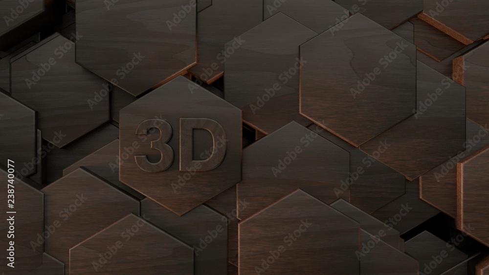 Poster 3d illustration of abstract futuristic background from many different hexagons, honeycomb wood, idea