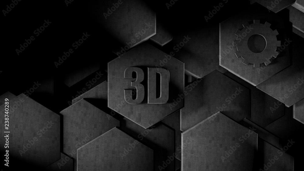 Poster 3d illustration of abstract futuristic background from many different hexagons, honeycomb metal with