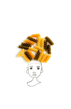 Drawing of head of woman with italian pasta hair