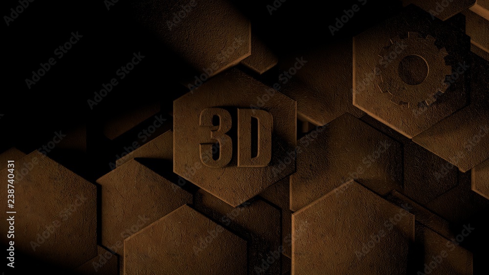 Poster 3d illustration of abstract futuristic background from many different hexagons, honeycomb wood, idea