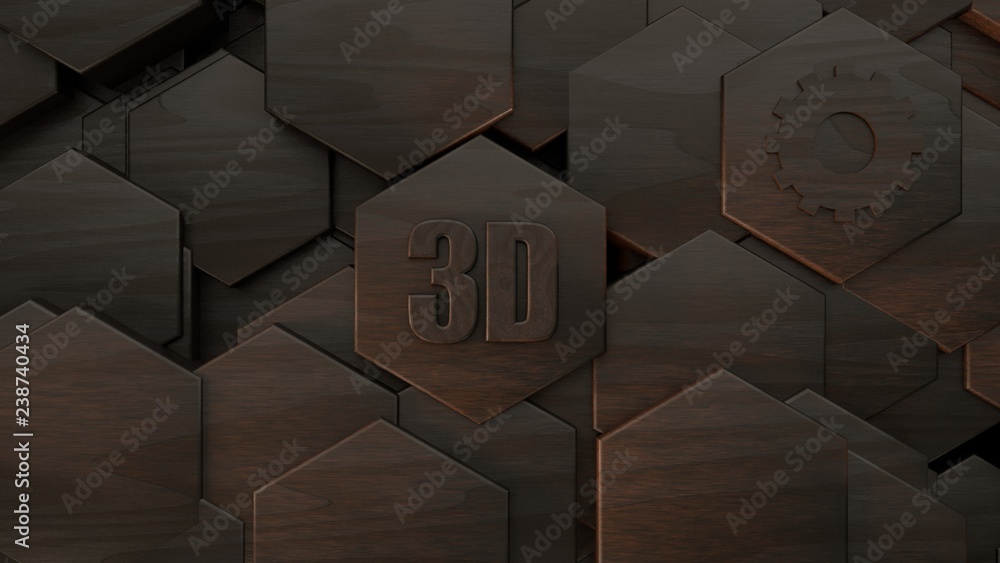 Poster 3d illustration of abstract futuristic background from many different hexagons, honeycomb wood, idea