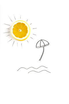 Drawing of beach with lemon sun