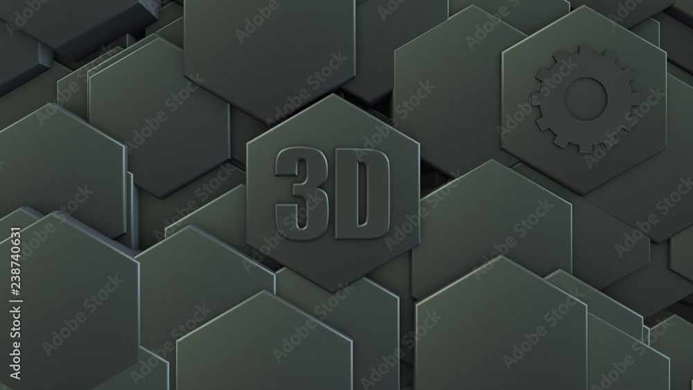 Poster 3d illustration of abstract futuristic background from many different hexagons, honeycomb stone with