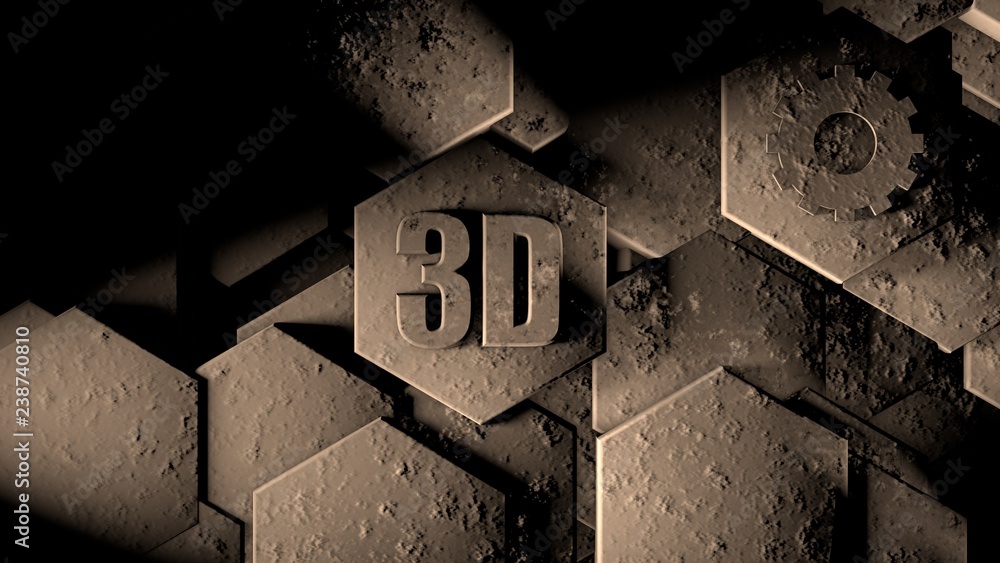 Poster 3d illustration of abstract futuristic background from many different hexagons, honeycomb stone with