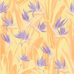 Bird of paradise tropical flower vector seamless pattern. Jungle plant paradise tropical summer fabric design. South African plant tropical blossom of crane flower, strelitzia. Floral wallpaper.