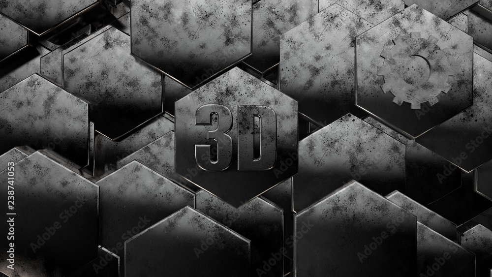 Poster 3d illustration of abstract futuristic background from many different hexagons, honeycomb metal with