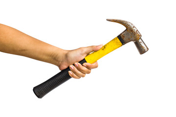 Cropped of a hand holding iron hammer isolated on white background include clipping path.