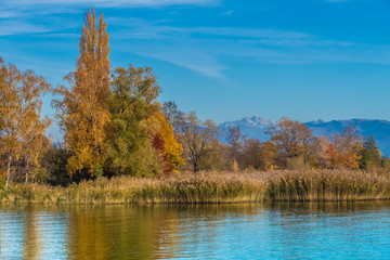 Beautiful autumn scenery along the shores of the Upper Zurich Lake (Obersee), near Rapperswil-Jona, Sankt Gallen, Switzerland.