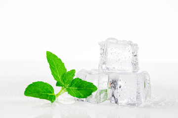 Ice cubes with  mint leaves on white background