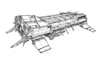 Black and white ink concept art drawing of futuristic or sci-fi spaceship or spacecraft.