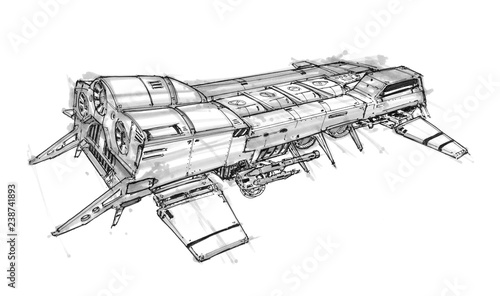 Black And White Ink Concept Art Drawing Of Futuristic Or Sci